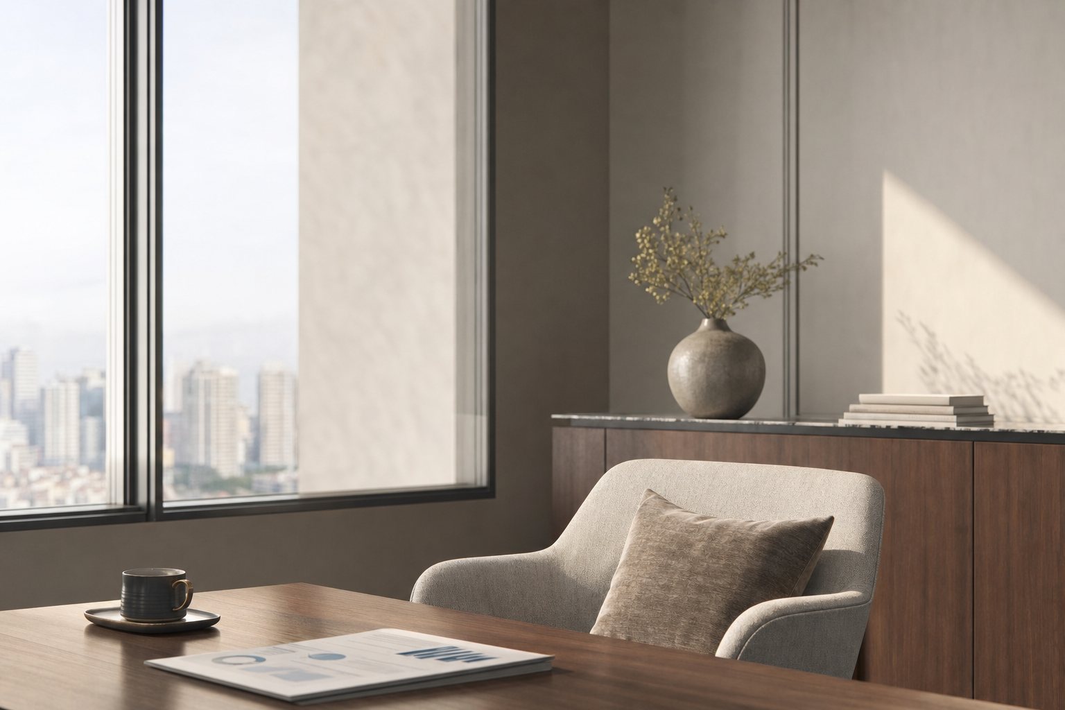 Rincón de oficina sereno con luz natural: un sillón elegante junto a una ventana amplia y un reporte financiero impreso sobre una mesa de madera