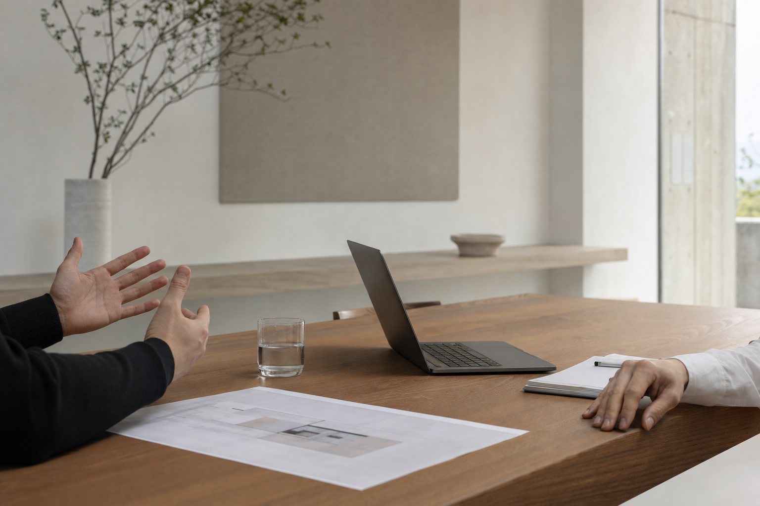 Junta de trabajo serena en una sala luminosa: manos sobre una mesa de madera con una gráfica impresa y una laptop
