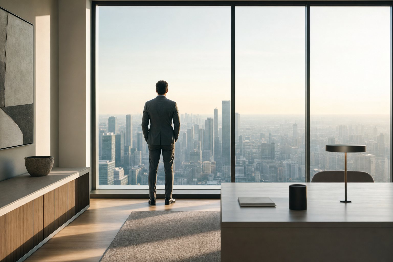 Persona vista de espaldas frente a un ventanal amplio, contemplando la ciudad con luz de mañana, en actitud de planeación serena