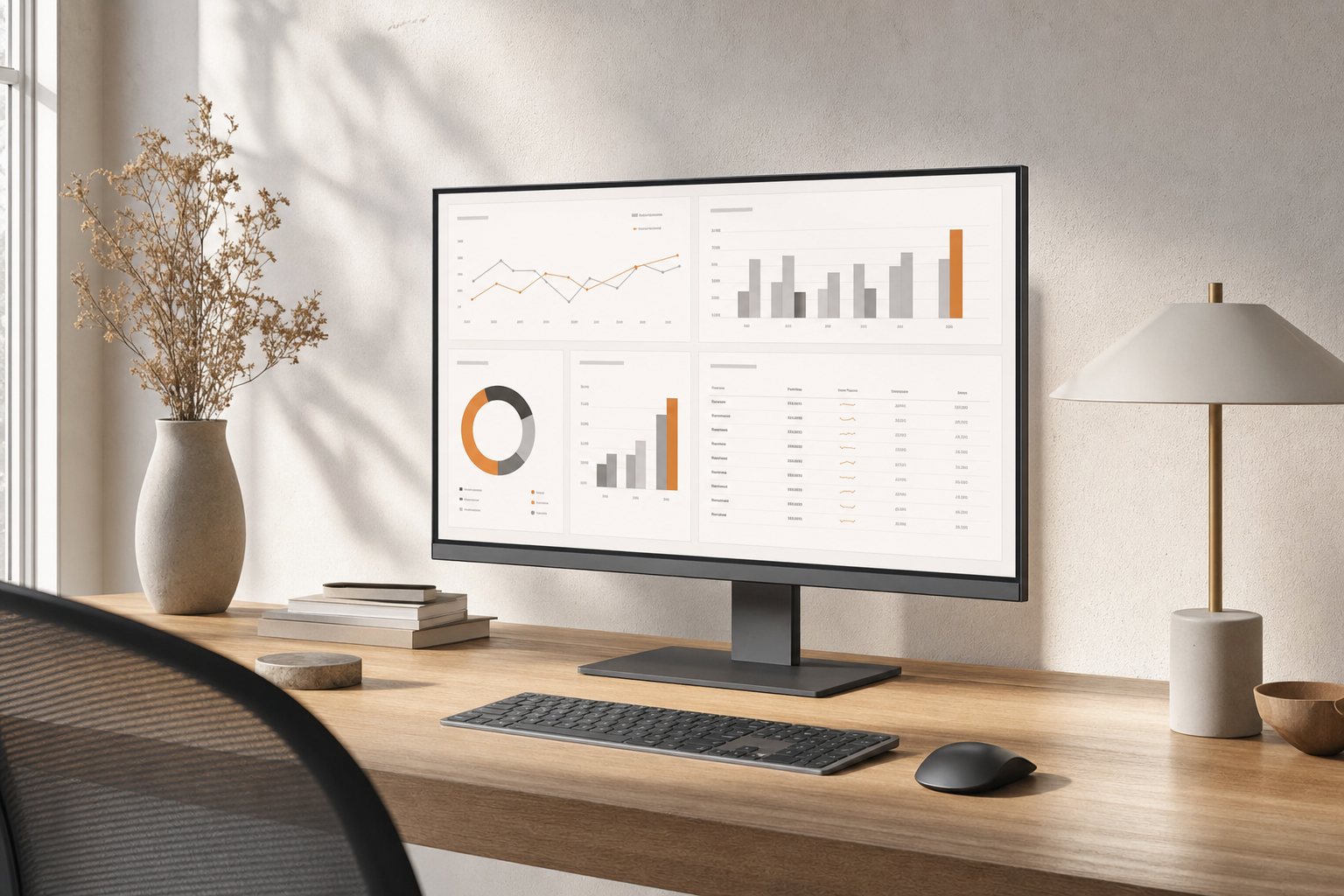 Escritorio de madera con un monitor que muestra un tablero financiero sobrio y ordenado, iluminado con luz natural